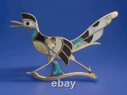 Native American Zuni Silver Multi-stone Inlay Roadrunner Pin
