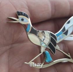 Native American Zuni Silver Multi-stone Inlay Roadrunner Pin