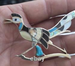 Native American Zuni Silver Multi-stone Inlay Roadrunner Pin