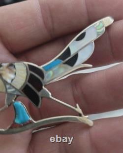 Native American Zuni Silver Multi-stone Inlay Roadrunner Pin