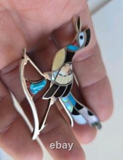 Native American Zuni Silver Multi-stone Inlay Roadrunner Pin