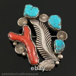Native American Zuni Silver Natural Turquoise & Coral Pin Brooch Dan Simplicio