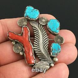 Native American Zuni Silver Natural Turquoise & Coral Pin Brooch Dan Simplicio