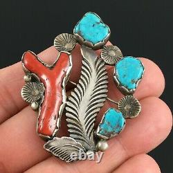 Native American Zuni Silver Natural Turquoise & Coral Pin Brooch Dan Simplicio