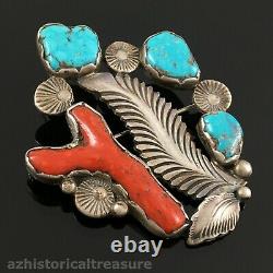 Native American Zuni Silver Natural Turquoise & Coral Pin Brooch Dan Simplicio