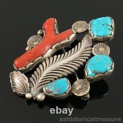 Native American Zuni Silver Natural Turquoise & Coral Pin Brooch Dan Simplicio