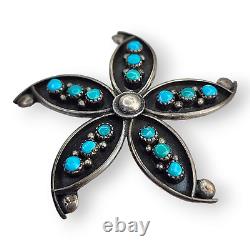 Native American Zuni Sterling Silver 925 Snake Eye Turquoise Flower Pin Pendant