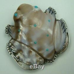 Native American Zuni Sterling Silver & Mather Of Pearl Frog Pin Brooch Pendant