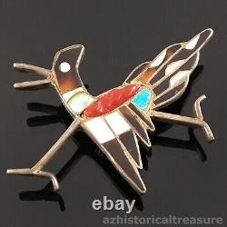 Native American Zuni Sterling Silver Multi-stone Inlay Roadrunner Pin