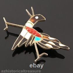 Native American Zuni Sterling Silver Multi-stone Inlay Roadrunner Pin