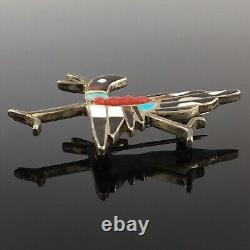 Native American Zuni Sterling Silver Multi-stone Inlay Roadrunner Pin