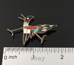 Native American Zuni Sterling Silver Multi-stone Inlay Roadrunner Pin