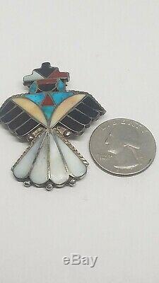 Native American Zuni Sterling Silver Multicolored Inlay Brooch pin Bird