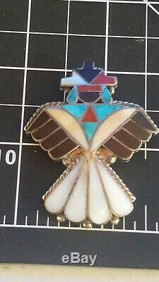 Native American Zuni Sterling Silver Multicolored Inlay Brooch pin Bird