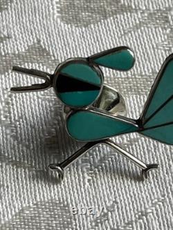 Native American Zuni Sterling Silver Turquoise and Onyx Inlay Roadrunner Pin Tac