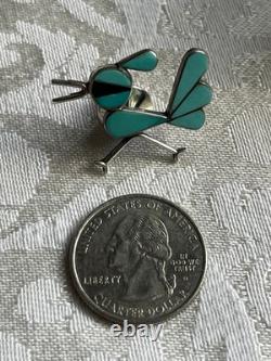Native American Zuni Sterling Silver Turquoise and Onyx Inlay Roadrunner Pin Tac