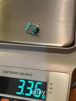 Native American Zuni Sterling Silver Turquoise and Onyx Inlay Roadrunner Pin Tac