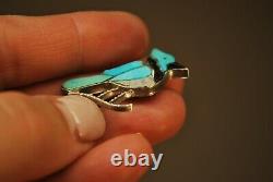 Native American Zuni Turquoise MOP BK Onyx Bird Sterling Silver Pin A. Lonjose
