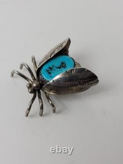Native American bug pin turquoise sterling 1.25 inch Navajo J Delvin Vintage