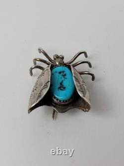 Native American bug pin turquoise sterling 1.25 inch Navajo J Delvin Vintage