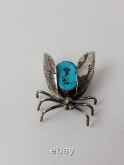 Native American bug pin turquoise sterling 1.25 inch Navajo J Delvin Vintage