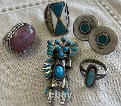 Native American old pawn Mixed Lot Set Cochina man, three rings and earrings