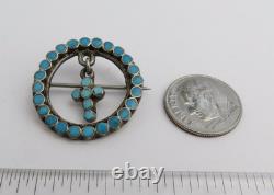 Native American sterling silver zuni vtg petite point turquoise cross dangle pin
