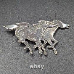 Native Frank Salcido Brooch Signed Sterling Galloping Horses Equestrian Cowgirl