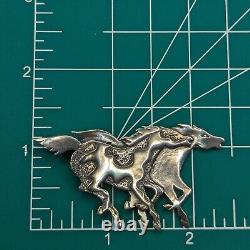 Native Frank Salcido Brooch Signed Sterling Galloping Horses Equestrian Cowgirl