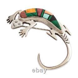 Native Fy Navajo Sterling Turquoise Spiny Oyster Lizard Inlay Pin / Brooch
