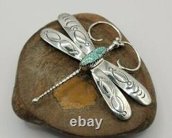 Native Indian Navajo Oval Turquoise Sterling Silver Dragonfly Brooch Pin Vintage