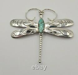 Native Indian Navajo Oval Turquoise Sterling Silver Dragonfly Brooch Pin Vintage