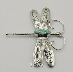 Native Indian Navajo Oval Turquoise Sterling Silver Dragonfly Brooch Pin Vintage
