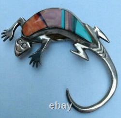 Navajo 925 Sterling Silver Multi Stone Inlay Stampwork Lizard Pin Signed Fy