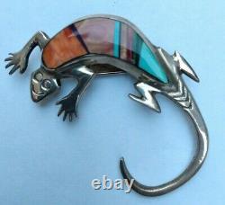 Navajo 925 Sterling Silver Multi Stone Inlay Stampwork Lizard Pin Signed Fy