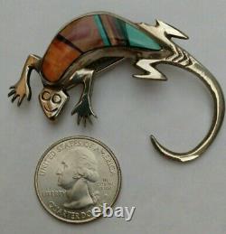 Navajo 925 Sterling Silver Multi Stone Inlay Stampwork Lizard Pin Signed Fy