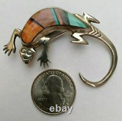 Navajo 925 Sterling Silver Multi Stone Inlay Stampwork Lizard Pin Signed Fy