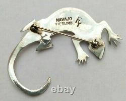 Navajo 925 Sterling Silver Multi Stone Inlay Stampwork Lizard Pin Signed Fy