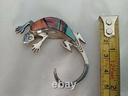 Navajo 925 Sterling Silver Multi Stone Inlay Stampwork Lizard Pin Signed Fy