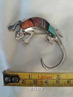 Navajo 925 Sterling Silver Multi Stone Inlay Stampwork Lizard Pin Signed Fy