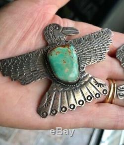 Navajo Ajc Turquoise Sterling Silver Native Thunderbird Pin Brooch Pair Vintage