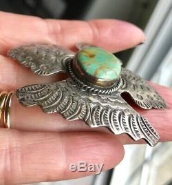 Navajo Ajc Turquoise Sterling Silver Native Thunderbird Pin Brooch Pair Vintage