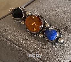 Navajo Amber Onyx Lapis Sterling Silver 925 Handmade Brooch Kathleen Chavez