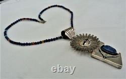 Navajo Bennie Ration Sterling Silver Sunface Lapis Pendant / Pin Bead Necklace