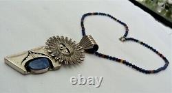 Navajo Bennie Ration Sterling Silver Sunface Lapis Pendant / Pin Bead Necklace