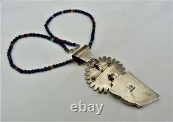 Navajo Bennie Ration Sterling Silver Sunface Lapis Pendant / Pin Bead Necklace