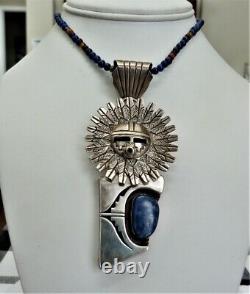 Navajo Bennie Ration Sterling Silver Sunface Lapis Pendant / Pin Bead Necklace
