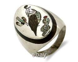 Navajo Bird Ring. 925 Silver Inlaid MOP & Pin Shell Artist Watchman C. 80's