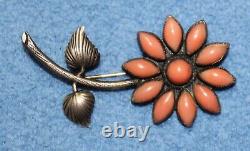 Navajo Calvin Martinez Sterling Silver Coral Flower Pin Brooch