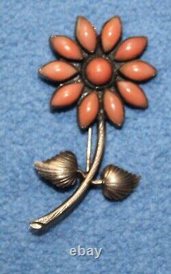 Navajo Calvin Martinez Sterling Silver Coral Flower Pin Brooch